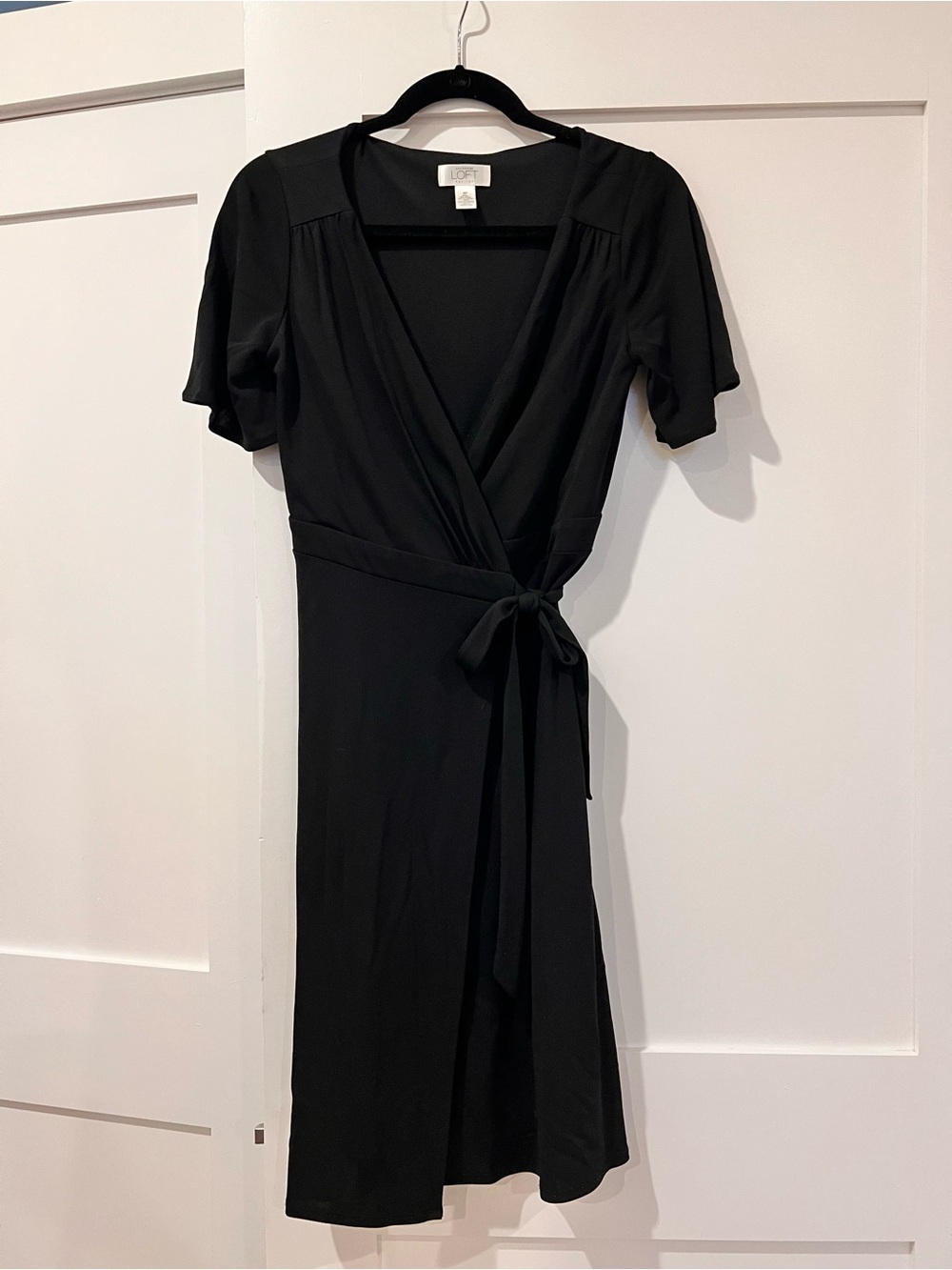 LOFT Black Midi Wrap Dress with Tie Waist